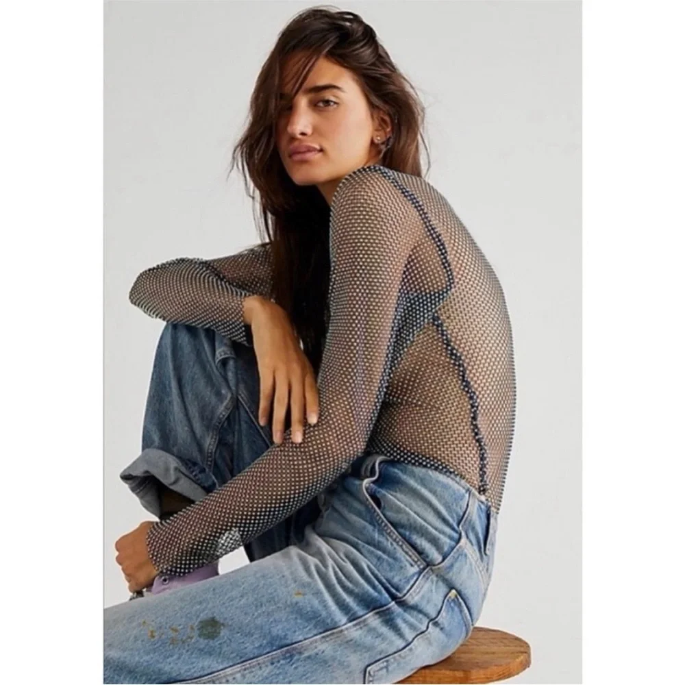 NEW Free People Filter Finish Long Sleeve Netted Rhinestone Top Navy